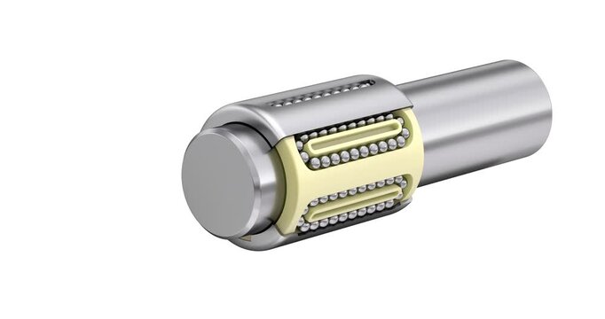 Liner ball bearing bushing with shaft - 3D animation seamlessly loopable isolated on white background
