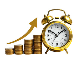 Gold coins stacked upward, with an upward gold arrow and a gold alarm clock