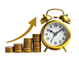 Gold coins stacked upward, with an upward gold arrow and a gold alarm clock