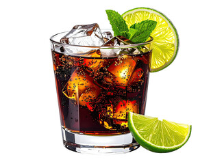 Dark, fizzy cocktail with lime and mint
