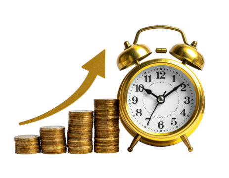 Gold coins stacked upward, with an upward gold arrow and a gold alarm clock