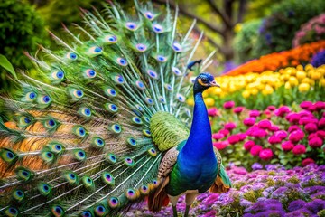 Obraz premium Vibrant Peacock Displaying Feathers in a Colorful Flower Garden Landscape
