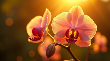 Close-up of delicate pink orchid flowers in full bloom, illuminated by warm sunlight.