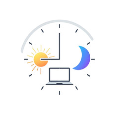 Sun and Moon icons with laptop icon set, round clock indicating day and night cycle