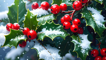 christmas tree with red holly berry background