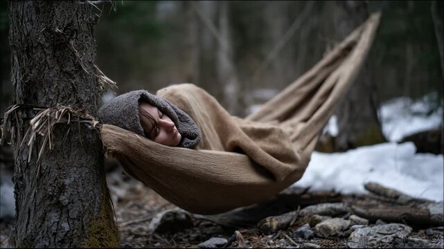 A person in a hooded cloak sleeps in a fabric hammock tied between trees in a snowy forest