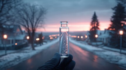 Hand Holding Glass Vial with Shimmering Particles on a Snowy Street at Dusk Cinematic Lighting
