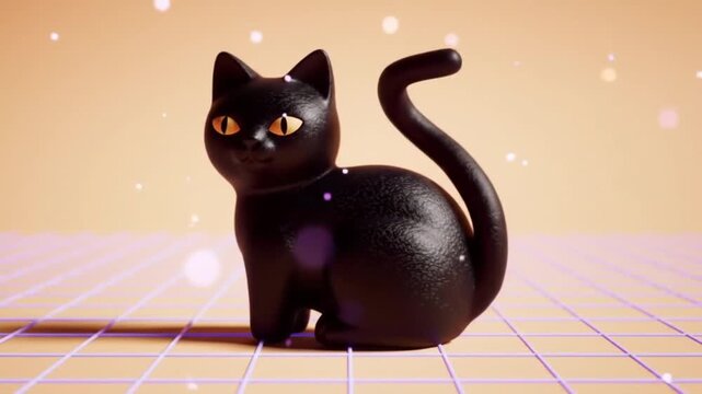 A sleek, matte black cat figurine rests statically on a pastel peach grid surface with soft lavender lines. Ambient particles drift, and shadows bloom, creating a minimalist, symbolic composition.