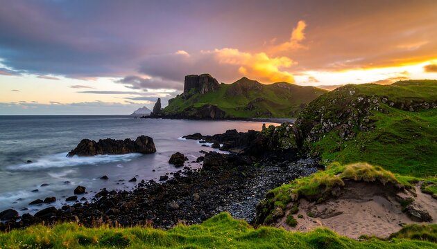 Dramatic sunset over coastal cliffs and rocky shore - Powered by Adobe