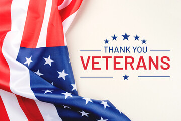 Veterans day. Beige background with American flag. Website banner and greeting card design template.