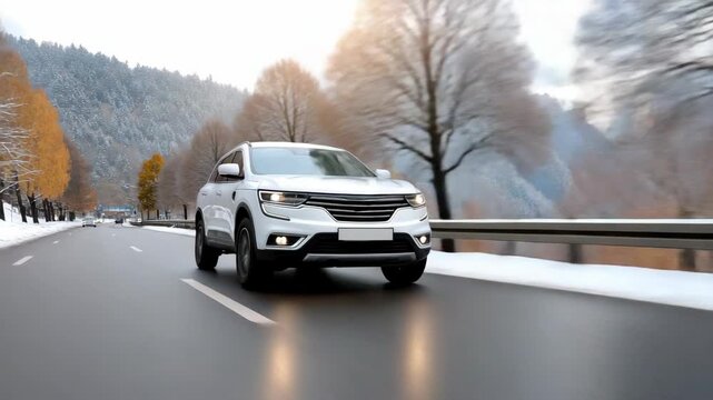 Experience a smooth ride on a snowy road as a stylish white SUV navigates through a breathtaking winter landscape