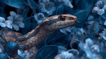 Obraz premium Snake in alert position, tongue out, surrounded by rich blue jungle flora, dim light