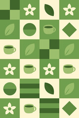 green tea background. Simple Matcha Green Tea Themed Geometric Shapes with Flower and Cup Seamless Pattern.