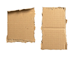 Two torn pieces of light brown cardboard, showing creases and uneven edges