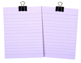Two blank, lined sheets of light purple paper, held together by black binder clips