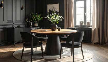 Elegant dining room featuring a black paneled wall, dark furniture, and a round wood table. Light cream curtains soften the look. 