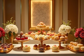 Naklejka premium A golden dessert table filled with ornate pastries and décor. 