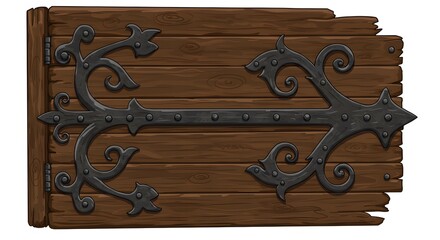 Ornate wooden sign with iron hinges