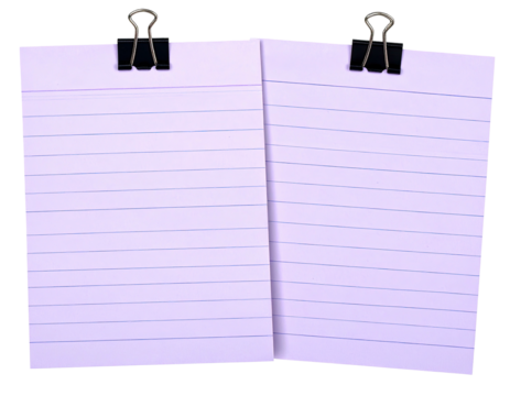 Two blank, lined sheets of light purple paper, held together by black binder clips