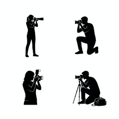 Four distinct black silhouette figures of photographers in action holding cameras and tripods isolated on transparent background silhouette