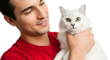 Man in red t-shirt holding a fluffy white cat isolated PNG with Transparent Background
