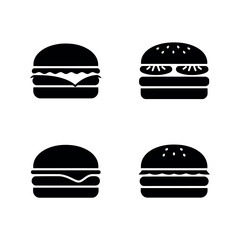 Four distinct black silhouette icons of delicious cheeseburgers and hamburgers with various toppings isolated on transparent background