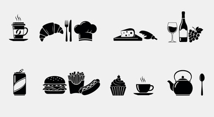 Collection of black food and drink silhouette icons including coffee croissant chef hat bread wine soda burger fries hot dog cupcake tea and teapot isolated on transparent background