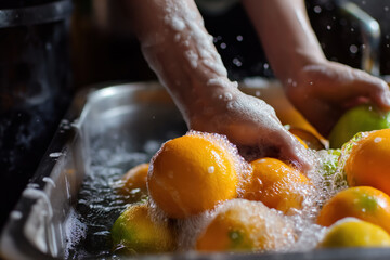 Foam-Covered Hands Scrubbing Oranges in Overflowing Water Basin. Vibrant citrus getting washed and prepared for market with care.