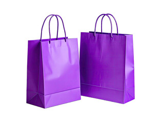 Two identical vibrant purple paper shopping bags,  with handles, presented in a studio setting
