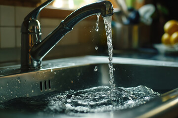 Fresh Water Pouring into Stainless Basin under Kitchen Tap. Minimalist capture of running water with smooth reflections and splashes.