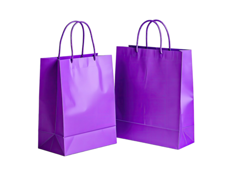 Two identical vibrant purple paper shopping bags,  with handles, presented in a studio setting - Powered by Adobe