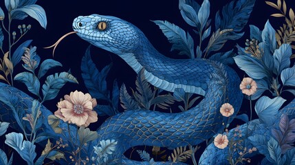 Fototapeta premium Stylized snake with its tongue out, camouflaged in dark blue botanical setting
