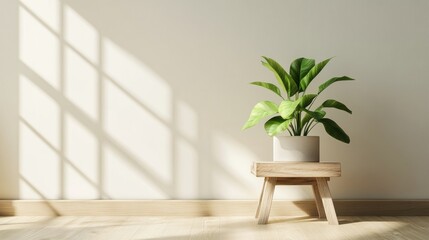 Indoor plant in stylish pot casting shadows on wall