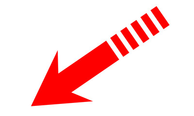 Red arrow pointing down and to the left isolated on transparent background