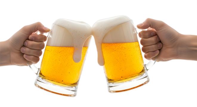 Cheers with two mugs of beer isolated PNG with Transparent Background