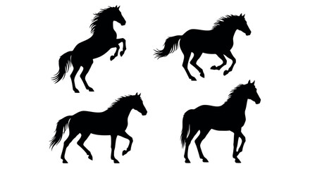Four distinct black horse silhouettes in various dynamic poses captured as isolated objects on a transparent background showcasing their powerful forms and movement isolated on transparent background