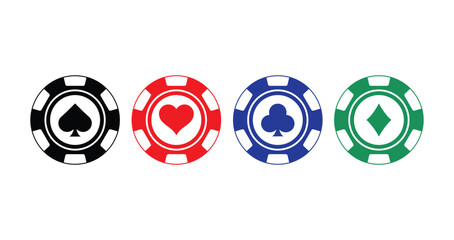 Poker chips icons vector set. Casino poker chip symbol. Gamble graphic elements collection. Gambling coins, tokens with card signs, poker chips.