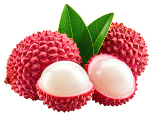 Fresh, vibrant pink lychees, whole and halved, with green leaves