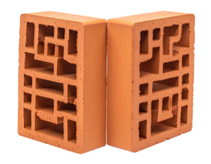 Two terracotta blocks joined at a corner, exhibiting intricate, geometrically patterned voids