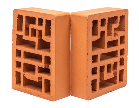 Two terracotta blocks joined at a corner, exhibiting intricate, geometrically patterned voids