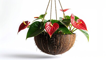 Vibrant red anthurium flowers bloom in a hanging coconut shell planter against a stark white backdrop