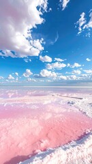 Pink salt flats under a vibrant blue sky with fluffy white clouds reflecting on the pink water