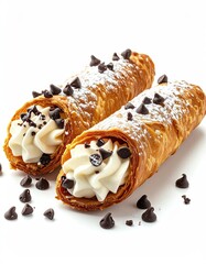Two crispy, golden cannoli shells filled with creamy vanilla ricotta and chocolate chips, dusted with powdered sugar, on a white background