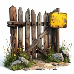 A dilapidated wooden fence with a weathered yellow sign, flanked by rocks and sparse vegetation, sits on a sandy patch against a white background