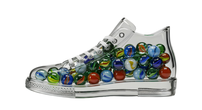 Transparent glass shoe filled with colorful marbles representing creative conceptual art isolated PNG with Transparent Background
