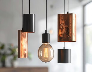 Four modern pendant lights, two black cylindrical, one copper rectangular, one burnished copper rectangular, and a single Edison bulb, hang against a blurred background