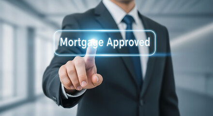 Businessman in a suit gets instant home loan approval with a touch on a digital interface