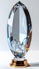 A translucent, faceted crystal award on a gold base, featuring a fragmented, icy texture at its bottom