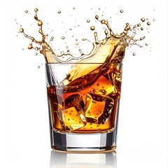 Amber liquid splashing into a rocks glass filled with ice against a white background
