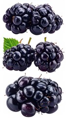 Three clusters of ripe, dark-purple blackberries, glossy and plump, with one cluster including a green leaf, isolated on a white background